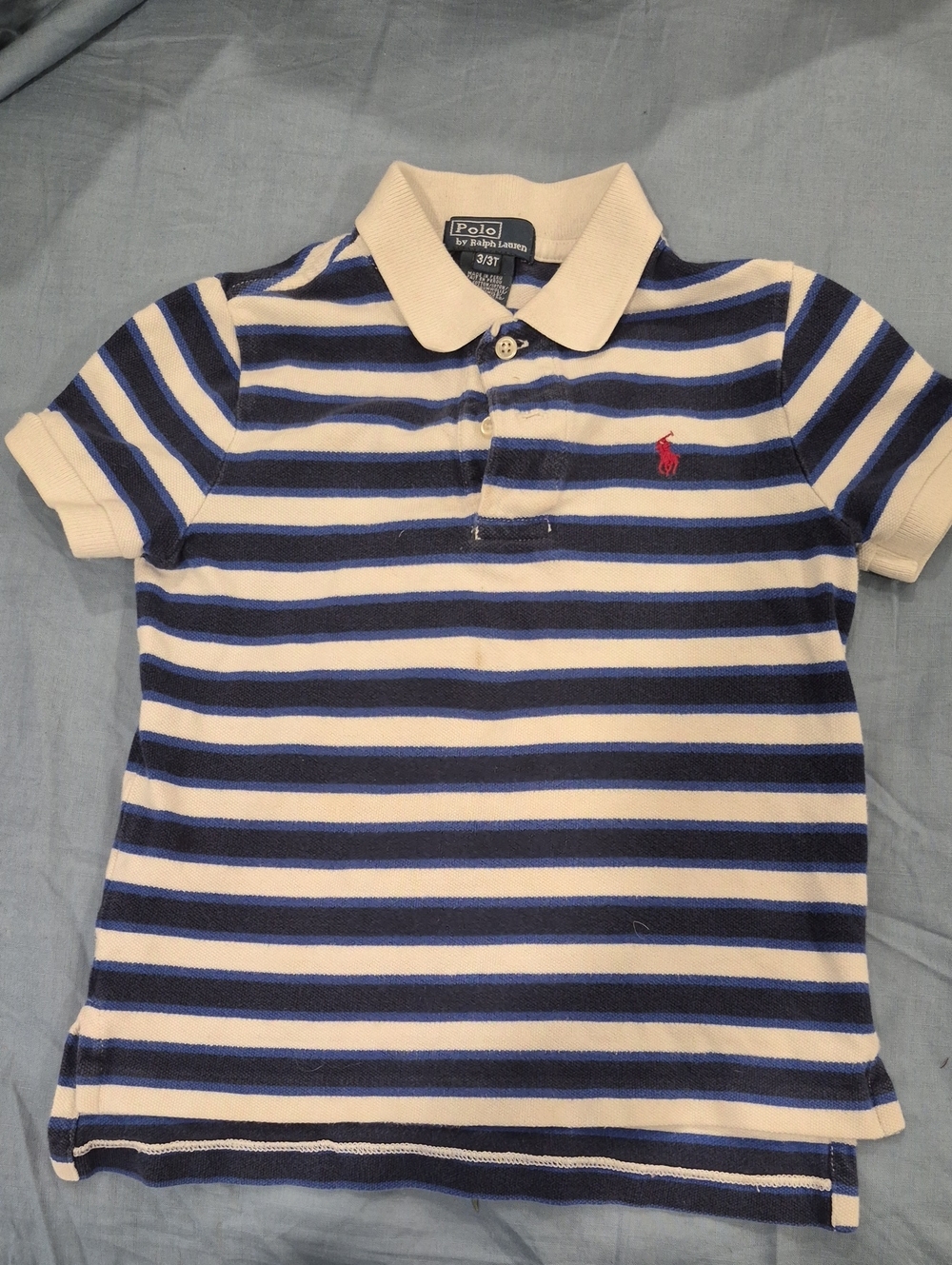 Polo by Ralph Lauren Blue and White Striped Polo with Red Pony